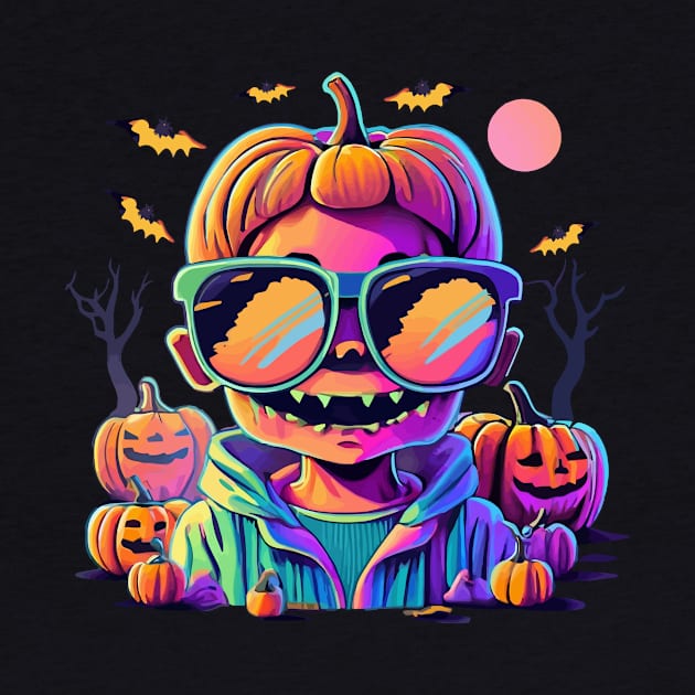 Zombie Boy in Sunglasses Locks Eyes with Furious Spooky Halloween Pumpkins in the Background by amithachapa